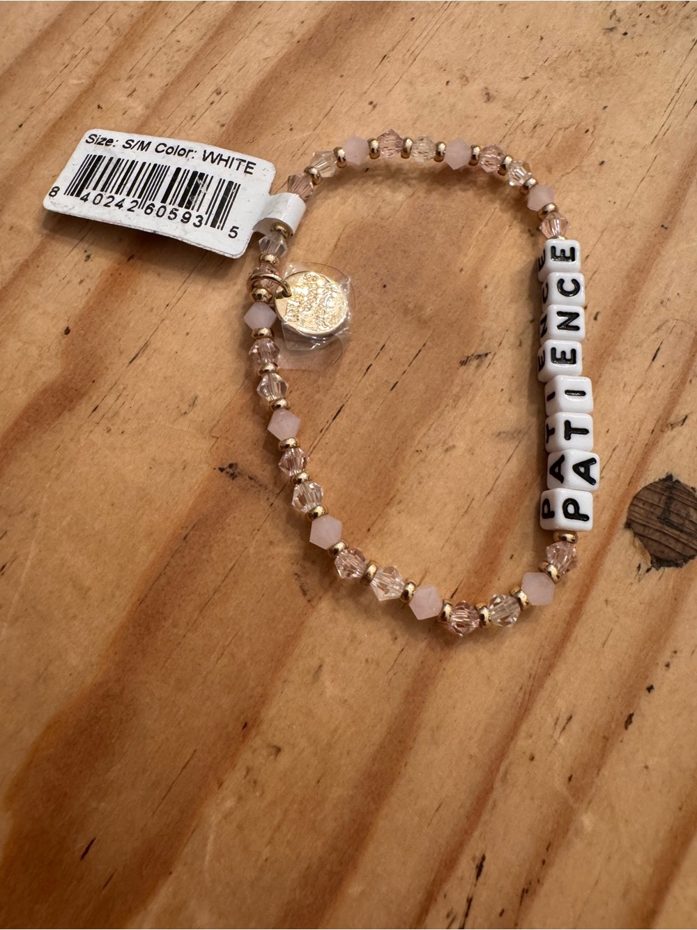 Little Words Project Beaded 'PATIENCE' Stretch Bracelet - White and Blush NWT
